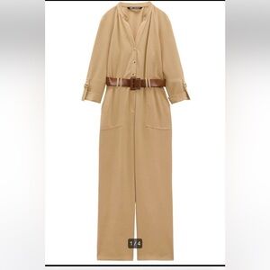 Zara Tan Wide Straight Leg Jumpsuit with Brown Croc Belt